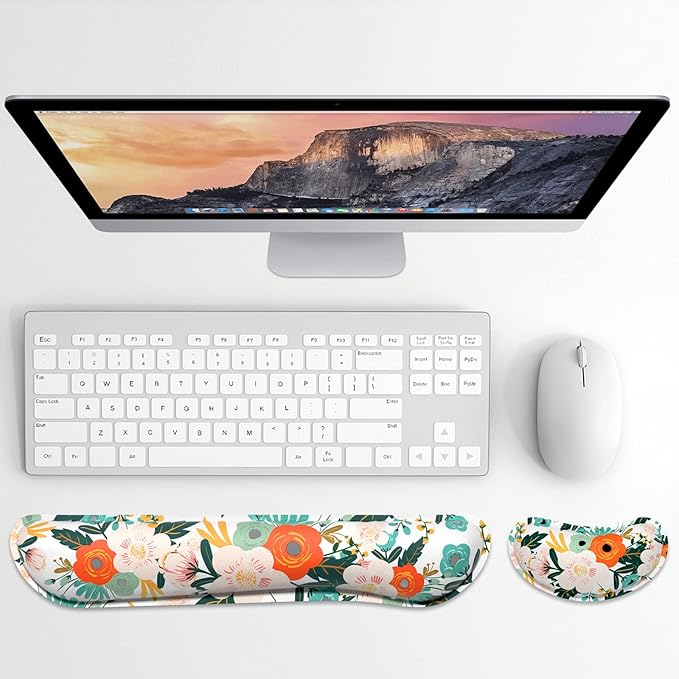 Dapesuom Enlarge Keyboard Wrist Rest, Memory Foam Wrist Cushion for Desk Mats Support, Cute Flower Pain Relief Keyboard Mouse Pad Rests Set with Non-Slip Base for Gaming Laptop Office Computer, Pink