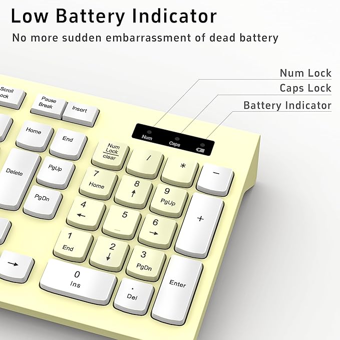 Wireless Keyboard and Mouse Combo, Full-Sized Wireless Keyboard and Adjustable DPI Mouse, 2.4GHz USB Receiver, Keyboard and Mouse for PC, Windows, Desktop, Laptop (Canary Yellow)
