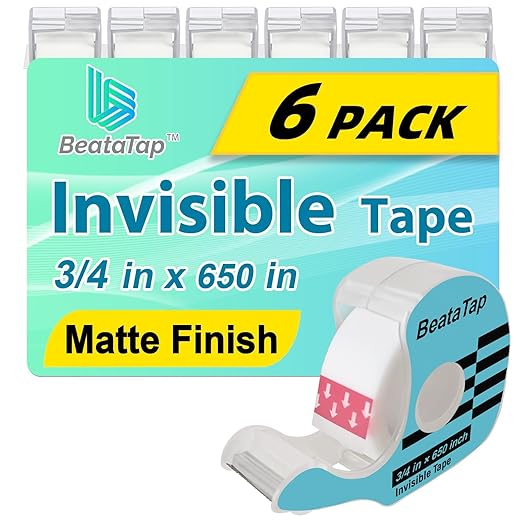 Tape, Invisible Tape for Gift Wrapping, 6 Rolls+6 Refillable Dispensers, Matte Finish, Writable, 3/4″x 650″, Clear Tapes for Christmas Wrapping Paper, Office&School Supplies