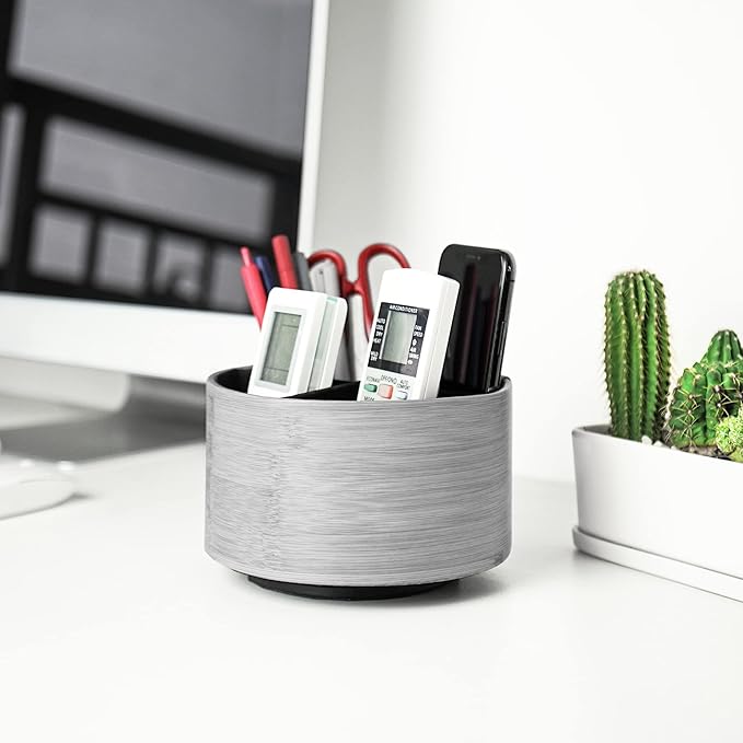 Hennaja Round Leather Art Supply Organizer,Remote Control Holder,360 Degree Spinning,Multi-Functional Pencil Holder,4 Compartments Desktop Stationary Organizer(1-Light Grey2)