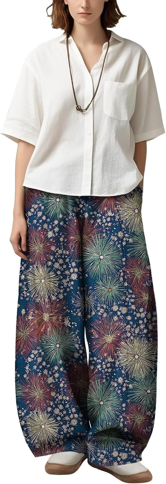 Zaswen Women's Oversize Loose Fit Breathable Pants Wide Leg Lounge Pants Fashion Casual Fireworks Print Trousers with Pockets