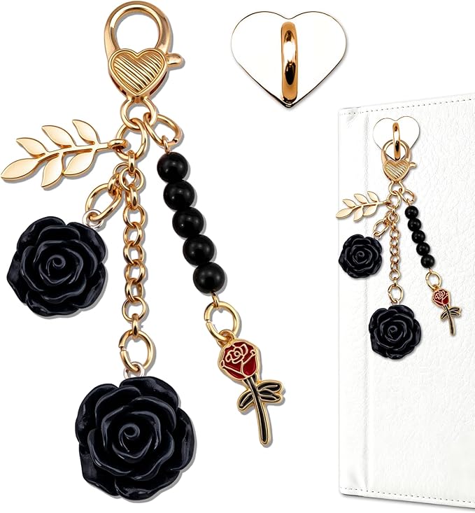 Rose Purse Charms Cute Flower Keychain With Heart Sticker Charm Chain For Kindle Colorful Bag Charms For Handbags
