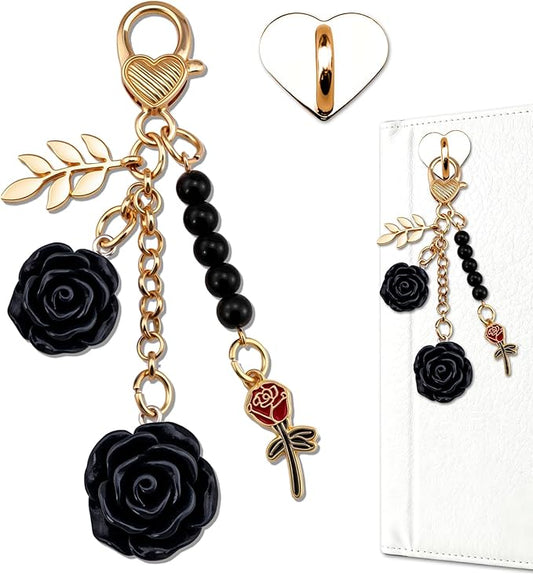 Rose Purse Charms Cute Flower Keychain With Heart Sticker Charm Chain For Kindle Colorful Bag Charms For Handbags