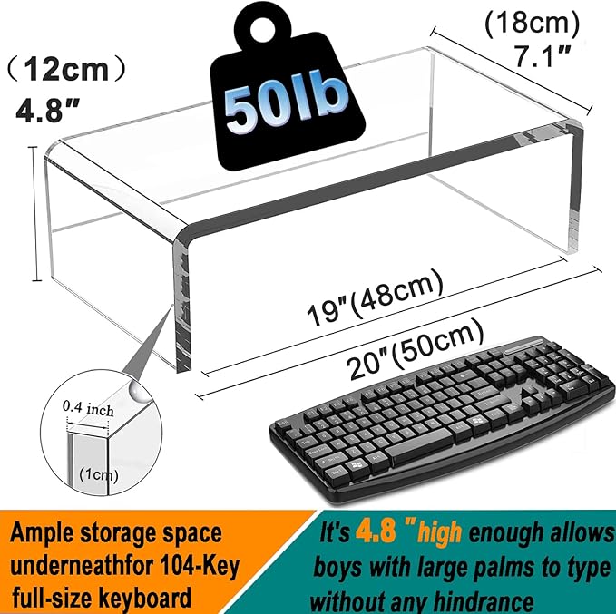 Clear Acrylic Monitor Stand Riser 20", Laptop Keyboard Cover cat Proof, Keyboard Protector Anti-Cat Prevent Cats from Touching Keyboard, Clear Monitor Riser for Keyboard Storage