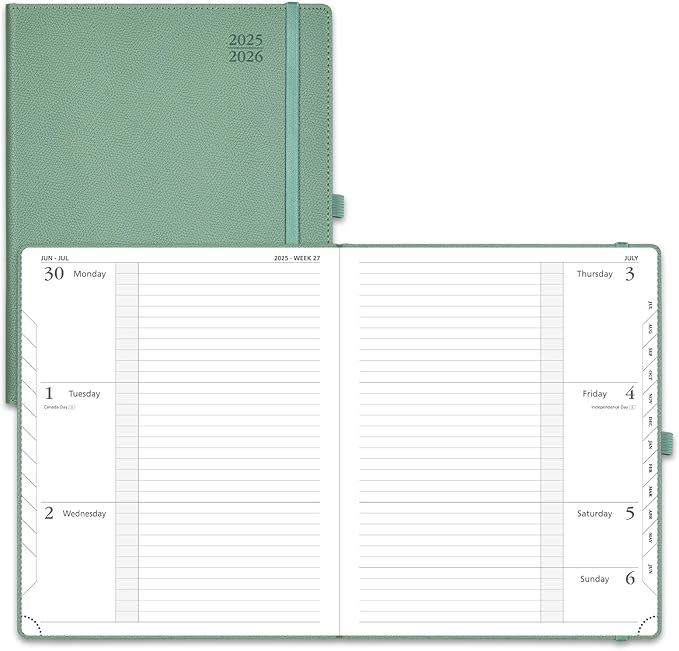 POPRUN Planner 2025-2026 (Large 8.5''x 10.5''), Horizontal Weekly Notebook Jul.2025 - Jun.2026, Academic Appointment Book with Monthly Tabs, Leather Hardcover, Inner Pocket, 100 GSM - Midnight Green