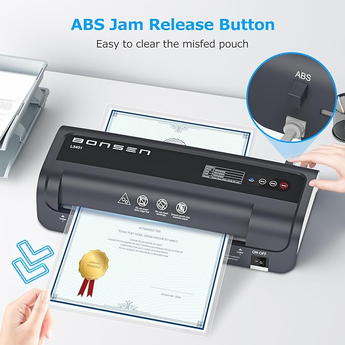 BONSEN A4 Laminator Machine, 9.33-Inch Thermal Laminator with Never Jam Technology, 100 Laminating Sheets, Laminates Photos Cards Documents, 4-in-1 Personal Laminators for Teachers Home Office School