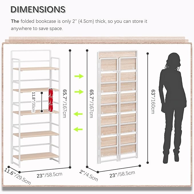 4NM No Assembly 5 Tiers Folding Bookshelf Storage Shelves Vintage Bookcase Standing Racks Study Organizer Home Office (Natural White)