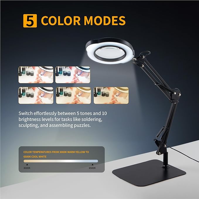 12X Magnifying Glass with Light and Stand,2-in-1 LED Desk Lamp & Clamp,5 Color Modes Brightness Stepless Dimmable,Magnifier with Light Hands Free,Reading,Hobby Close Work