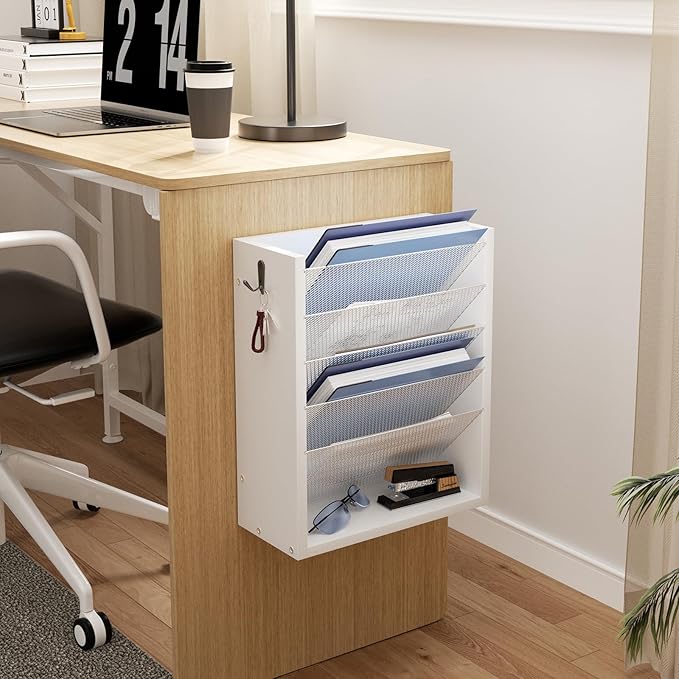 Hanging Wall File Organizer, 6 Tier Wood Wall File Holder with 2 Hooks, Mail Organizer Wall Mounted with Bottom Flat Tray, Vertical Paper Desk Storage for Office, Home, White