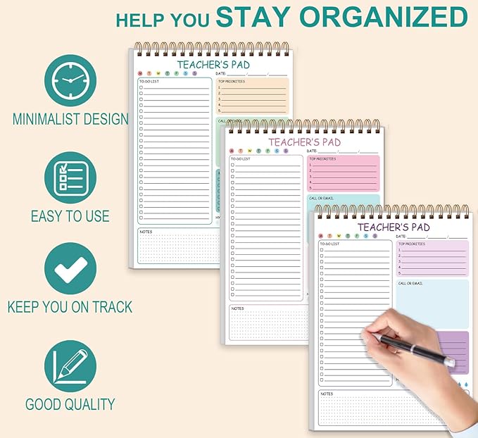 3 Pack Teacher Notepad - A4 Teacher To Do List Notepad, Spiral Checklist Notebook Organizer for Teachers Notes Task Appointment, Teacher Appreciation Gifts, 8'' x 11''