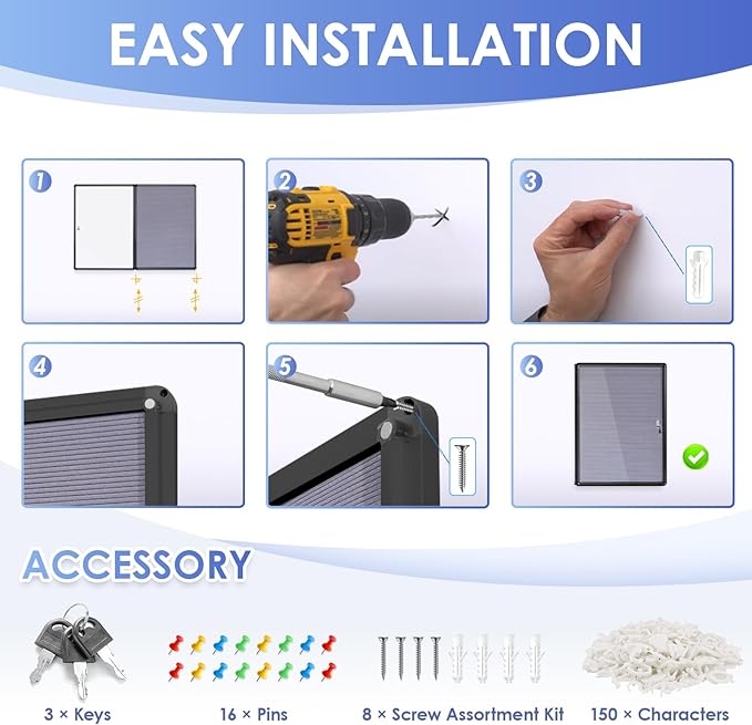 S SWANCROWN Enclosed Bulletin Board with Locking Door 26x20 in, Lockable Felt Letter Board Sign Tamperproof Message Board for Office School Home, Black Aluminum Frame, Grey