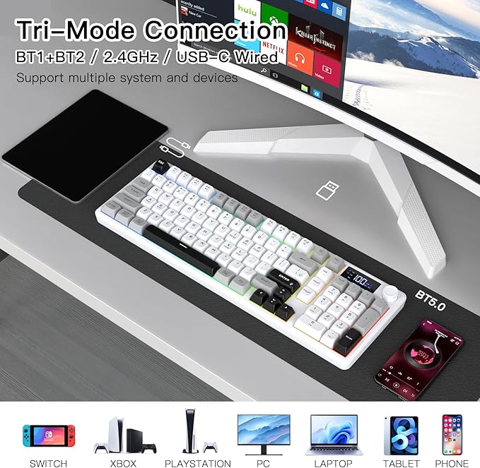 Wireless Gaming Keyboard with Smart Display & Knob Control, Tri-Mode BT5.0/2.4GHz/Type C RGB Backlit Computer Keyboards with Number Pad, 26-Key Rollover, Compatible for Windows, Mac