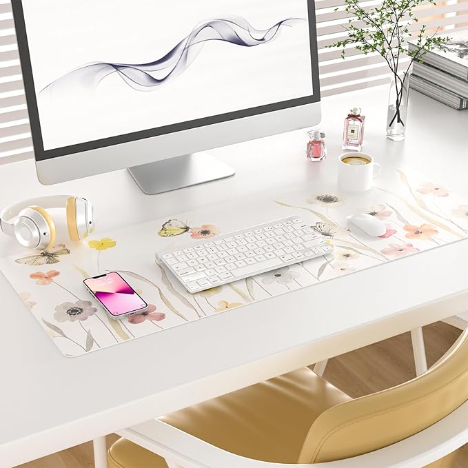 Colorful Star Large Mouse Pad, Watercolor Floral Desk Mat Office Supplies, Waterproof PU Leather Gaming Mousepad for Women Girls, Butterflies Desk Pad Home Office Décor Accessories 31.5" x 11.8"