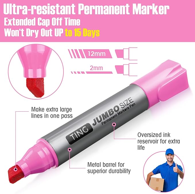 Fuutreo 10 Pack Jumbo Permanent Markers Bulk Large Chisel Tip Permanent Markers Quick Drying Waterproof Big Huge Poster Pens for Office, Logistics Company and More(Pink)