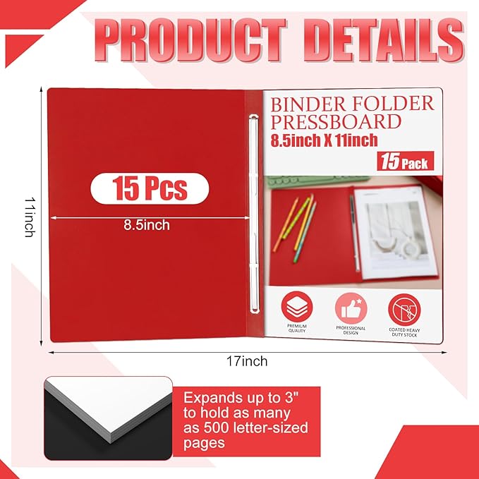 Zhanmai 15 Packs 8.5'' x 11'' Pressboard Report Covers, Metal Prong Fastener with Compressor, Letter Size 3'' Capacity Presentation Report Folder to Neatly Bind Reports, Proposals, Documents(Red)