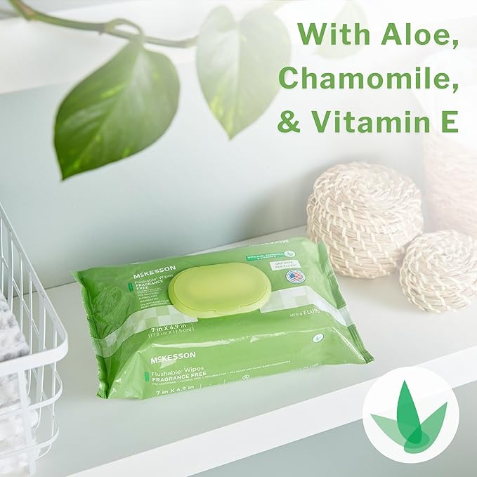McKesson Flushable* Adult Wet Wipes – 576 Wipes (12 Pack of 48) – Aloe & Vitamin E, Plant-Based Cleansing Wipes, Scented