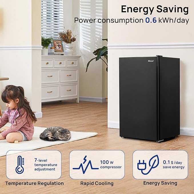 Smad 3.2 Cu.ft Compact Refrigerator with Freezer, Low Noise Mini Fridge with 7-Level Adjustable Thermostat, 110v Single Door Refrigerator for Homes Offices Dorm