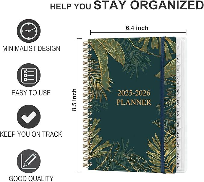 Planner 2025-2026 - Weekly & Monthly Planner from July 2025 to June 2026, Agenda 2025 2026 with Inner Pocket, Elastic Band, 6.4" x 8.5", Green Glod Leaf