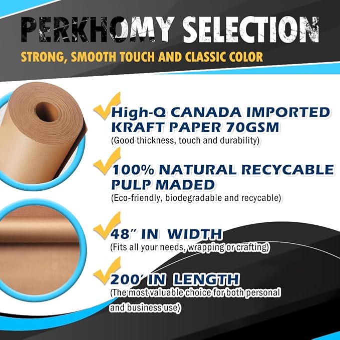 PerkHomy 48" x 2,400" (200') Brown Kraft Paper Roll for Craft Bulletin Board Paper Art Table Covering Crafting Gift Wrapping Bouquet Packing Parcel 70GSM 50LB (Brown, 48" x 200')