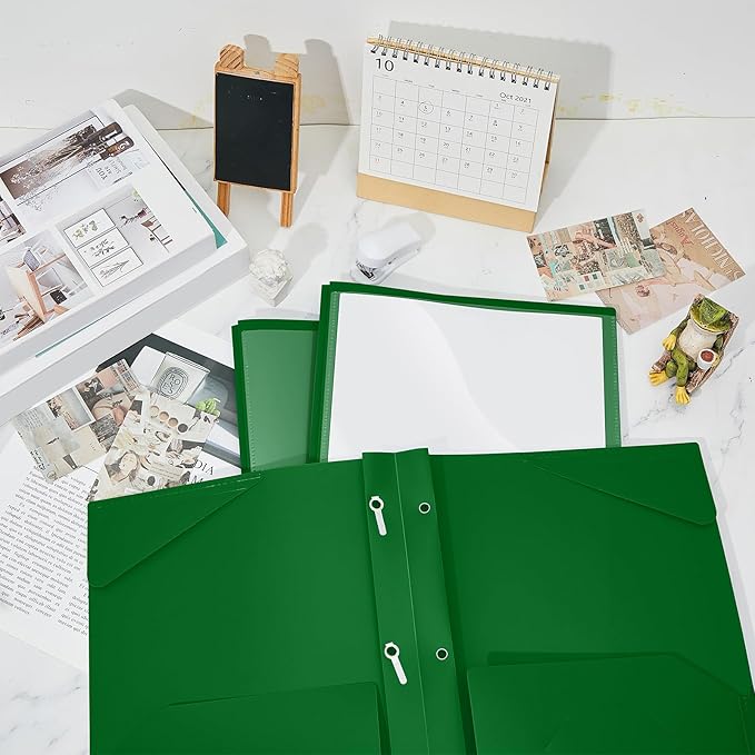 Henoyso 36 Pcs Plastic Folder with Clear Front Pocket and 3 Prong Plastic Folders with Card Slot Pocket Folders with Prongs for School Office (Dark Green)