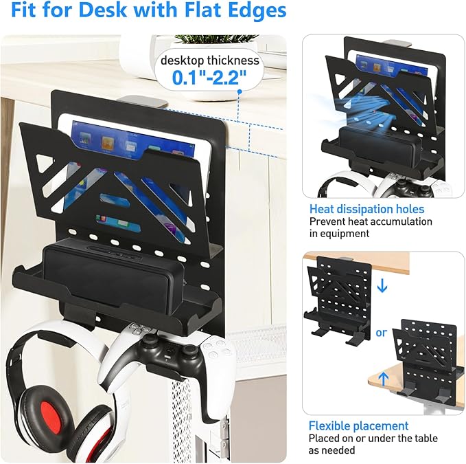 MAXECHO Desk Side Storage Holder, Metal Pegboard, Above or Under Desk Laptop Mount, Table Side Hanging File Organizer, Clamp On Cable Management Tray, Peg Board for Gaming, Office