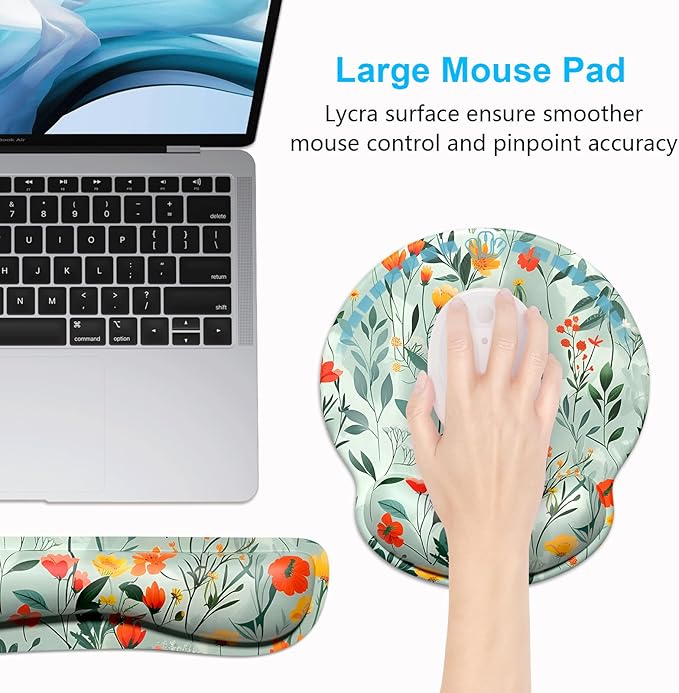 Dapesuom Keyboard Wrist Rest and Mouse Pad with Wrist Support, Cute Memory Foam Cushion for Keyboard and Mouse Set, Desktop Pad Rests with Non Slip Base for Easy Typing & Pain Relief, Simple Flowers