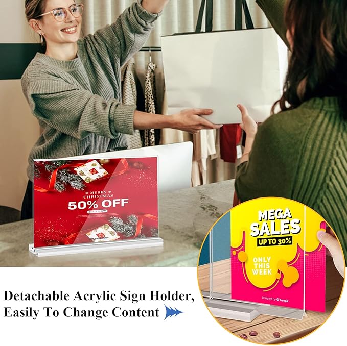 Acrylic Sign Holder 8.5 x 5.5 Horizontal, 8Pack Double-Sided Standup Table Top Clear Sign Holders, T Shape Plastic Acrylic Picture Frame Menu Flyer Paper Holder Display Stands for Office Store Wedding