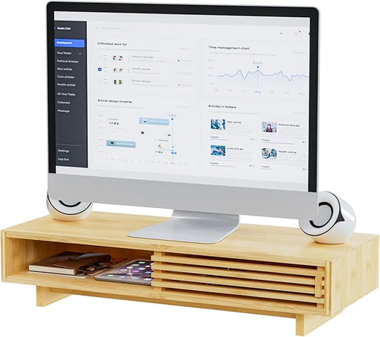 Zri Bamboo Computer Monitor Stand with Drawer, Dual Laptop Stand for Desk,Single Monitor Riser with Storage,Wood Office Desk Organizer & Accessories