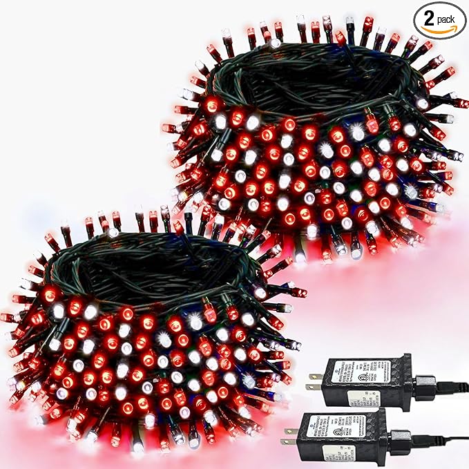 2-Pack 66FT 200 LED Christmas Lights, 13 Modes Extendable Christmas Tree Lights with Timer & Memory, Waterproof Twinkle Fairy Lights Green Wire Outdoor String Lights Indoor for Xmas Tree (Red White)