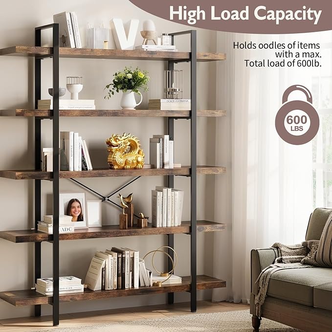 5 Tier Bookcase, 47 Inch Wide Wood Bookshelf, 120lbs Shelf Capacity, Rustic Open Shelving Industrial Display with Reinforced Horizontal Brown Shelves for Living Room Bedroom Office 2 Set