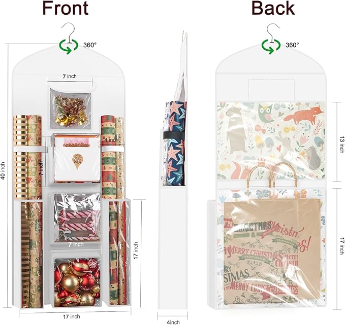 Hanging Gift Wrapping Paper Storage, 40"X17" White Double-Sided Christmas Wrapper Bag Container, Oxford Craft Roll Organizer, Present Wrap Holder for Bedroom Closet, Door, Cabinet