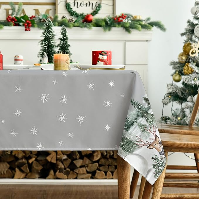 Horaldaily Christmas Tablecloth 52×70 Inch Rectangular, Deers Snowman Trees Grey Washable Table Cover for Party Picnic Dinner Decor