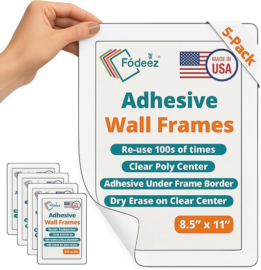 8.5 x 11 Adhesive Wall Frames - Peel & Stick Picture Frames, Wall Sign Holder, Paper Protector Sheets, Certificate Holders, Reusable Picture Frame, Dry Erase, Non Magnetic - White, Pack of 5