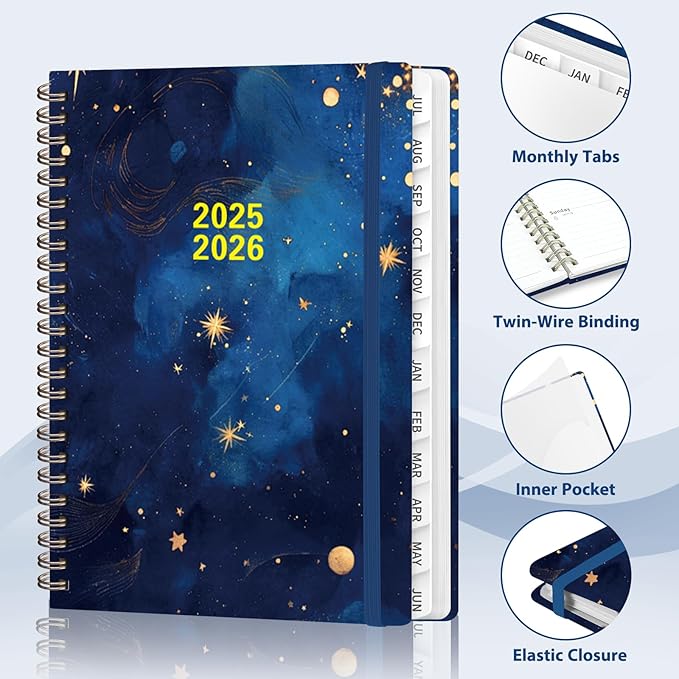 Planner 2025-2026 for Women & Men, Weekly and Monthly Calendar Notebook (July 2025 - June 2026), Hardcover Spiral Bound School Teacher Student Planner with Tabs, Inner Pocket, A5 (6.3" x 8.5")