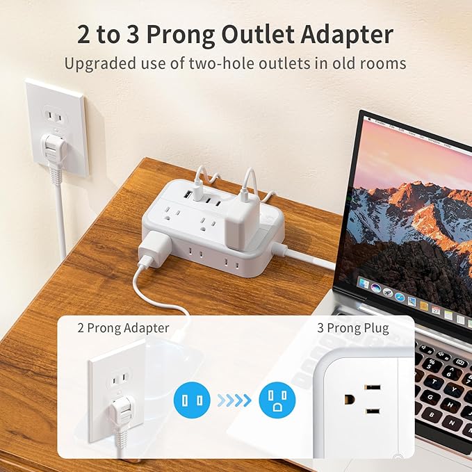 NTONPOWER 2 Prong Extension Cord 25 FT, 1080 Joules Surge Protector Power Strip with 6 Outlets 4 USB Ports(2 USB C), 1875W Three Prong to Two Prong Adapter, Rotating Flat Plug, Ideal for Old House