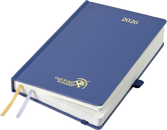 POPRUN 2026 Daily Planner One Page Per Day A5 Size Calendar (5.75" x 8.5") - 12 Months Hourly Appointment Book with Hardcover, Pocket, Pen Holder - Navy Blue