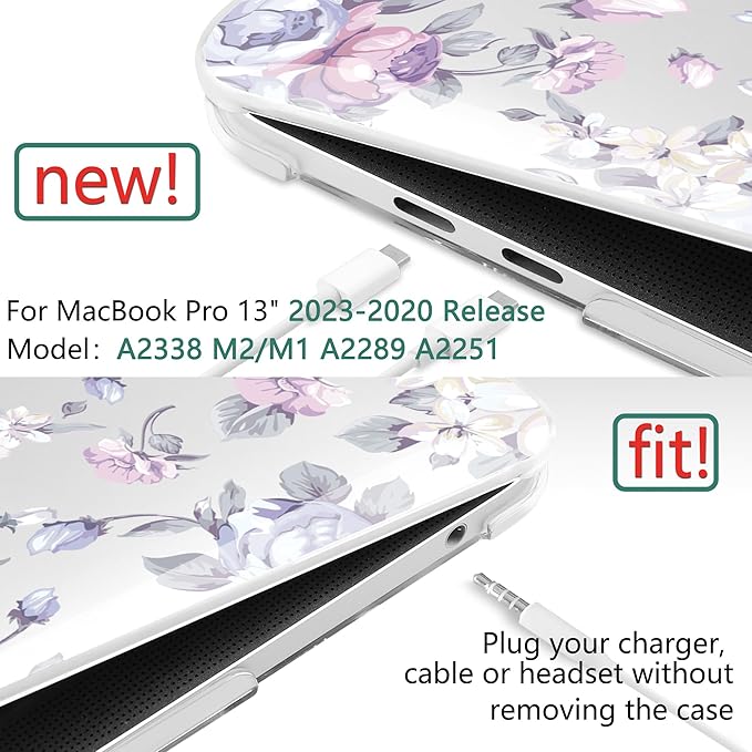 TWOLSKOO Compatible with MacBook Pro 13 inch Case 2023-2016 A2338 M2/M1 A2251 A2289 A2159 A1989 A1706, Plastic Hard Shell Cover & Keyboard Skin & Screen Protector, Purple Peony