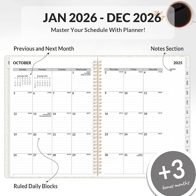 SUNEE 2026 Planner Weekly and Monthly Calendar Planner, January 2026-December 2026, Daily Agenda 6.4"x8.3", Tabs, Note Pages, Spiral Binding, Black