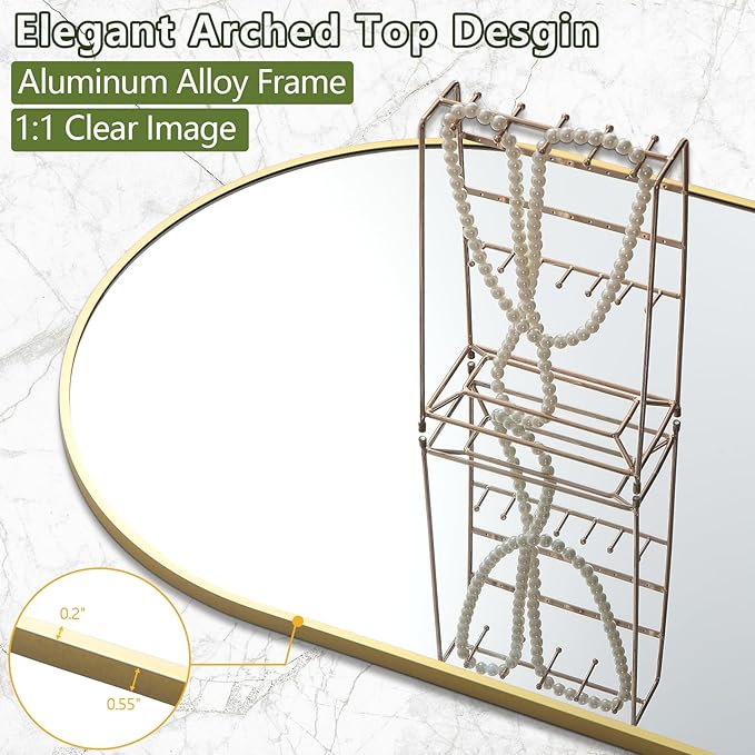 MELOMOIR 76"x34" Gold Mirror Full Length, Large Mirror Full Length for Bedroom Living Room Cloakroom Home Gym, Free Standing Leaning or Wall Mounted, Arched Top Thin Aluminum Frame, Tempered Glass