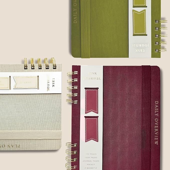 Daily Task Journal by Graphique Luxe Collection, Fabric-Wrapped Hardcover Spiral Notebook for Planning & Writing, Priority List Planner with Magnetic Bookmarks & Gold Foil Embossing,192 Pages, 6” x 8”, Taupe