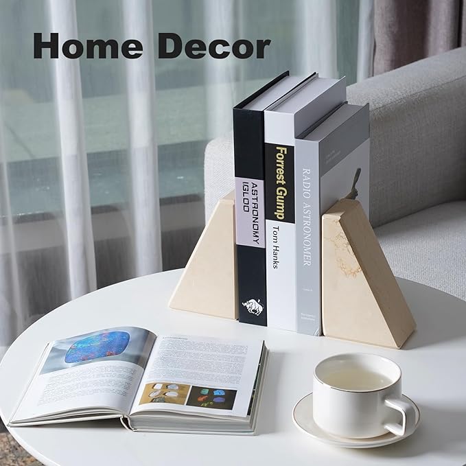 Marble Bookend for Heavy Books, Decorative Bookends for Shelves, Durable and Heavy-Duty Book End for Hardback Books & CDS, Unique Book Stopper & Holder, Sunny Golden, Set of 2