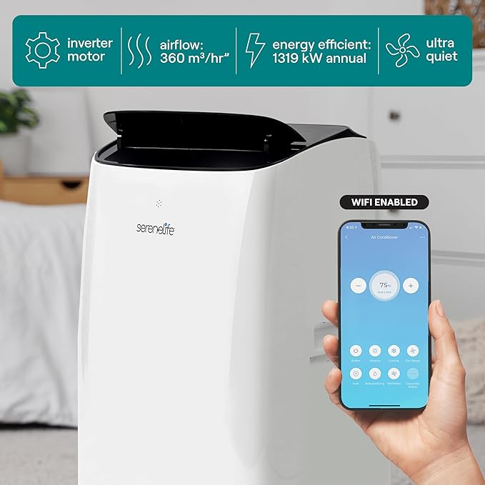 SereneLife 14000 BTU Portable Inverter Air Conditioner, 115V Smart Cooling & Heating with WiFi, Energy Efficient, For Bedrooms, Living Spaces & Offices, 650 Sq Ft Coverage, (White)