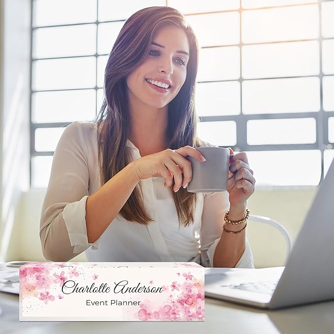 Custom Name Plate for Desk, Personalized Acrylic Office Name Sign with Name & Title, Elegant Desk Decor for Women Men, Employee Appreciation Gift (Sakura-1)