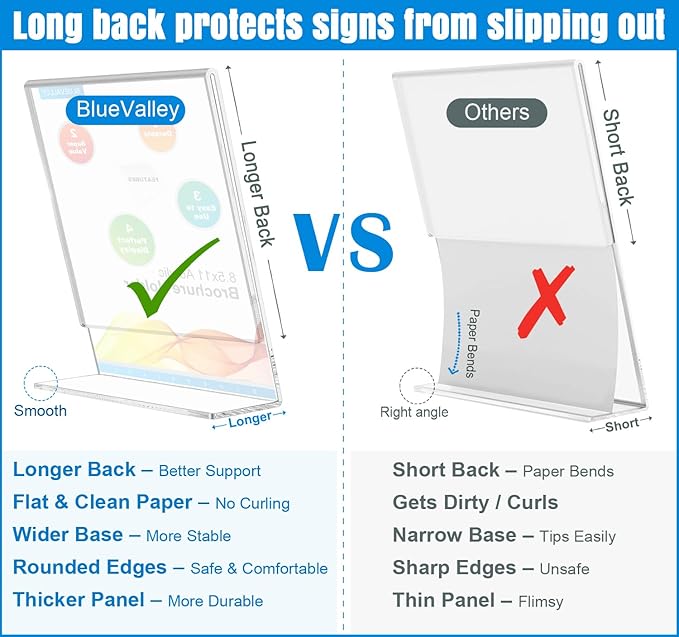 BlueValley Acrylic Sign Holder 8.5 x 11 Table Display Stand – Vertical Clear Plastic Paper Sign Frame for Flyer, Menu, Document – Free Standing Desk Photo Holder for Office, Home, Store, School, 6Pack