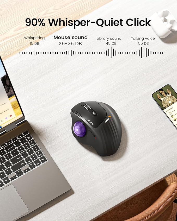 ProtoArc Wireless Trackball Mouse, EM01 NL Ergonomic Bluetooth Rollerball Thumb Rechargeable Computer Laptop Mouse, Adjustable Angle & 3 Device Connection for PC, Mac, Windows-Purple Ball