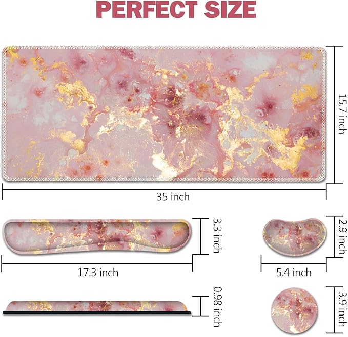 AIMSA Keyboard Mouse Pad Set, Large Gaming Mouse Pad +Wrist Rest Mouse Pad +Keyboard Wrist Support +Coaster, 35x15.7 inch Extended Desk Mat for Easy Typing Pain Relief (Pink Gilt Marble)