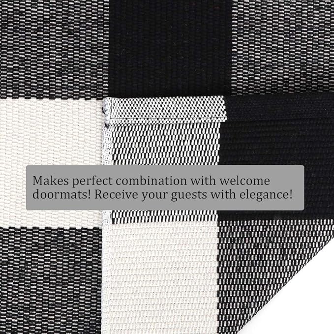 Buffalo Plaid Outdoor Rug, 27.5''x43'' Black White Check Indoor/Outdoor Area Rugs, Layering Rug for Hello/Welcome Door Mat, Washable Cotton Woven Farmhouse Mat for Christmas Front Porch Décor