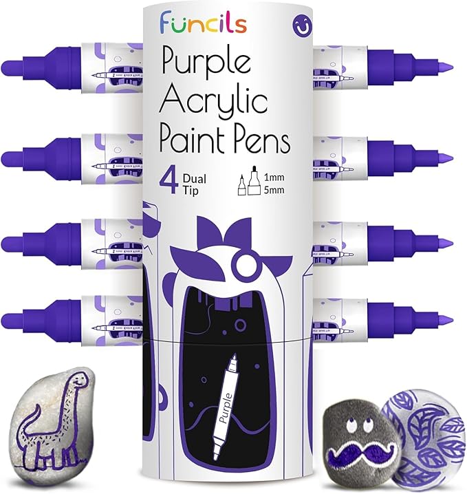 4 Dual Tip Purple Paint Pen Metallic - Fine Tip & Medium Acrylic Paint Markers - Purple Acrylic Markers for Metal, Wood, Rock Painting, Canvas, Ceramic, Glass, Fabric, Plastic - Water based Ink