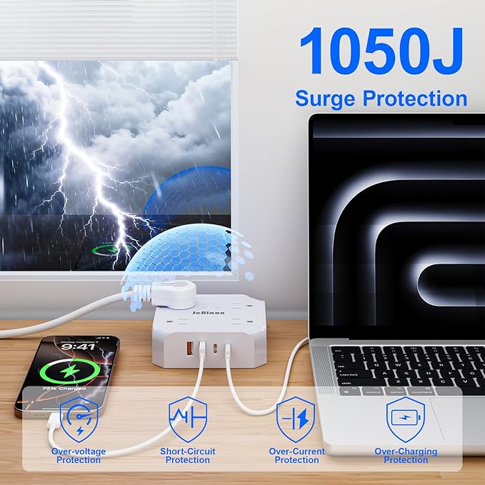 Multiple Outlets Surge Protector Power Strip, 15ft Braided Long Extension Cord with 4 USB Charging Ports(2 USB C) Flat Wall Plug Outlet Heavy Duty Charging Station for Home College Dorm Essentials