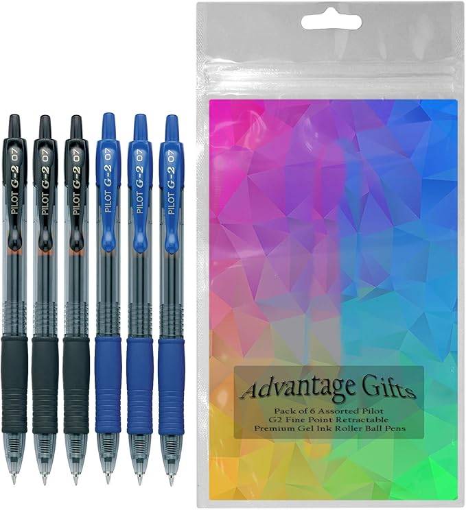 Pilot G2 Retractable Premium Gel Pens (6-pk), Fine Point, Black/Blue Ink, Refillable & Comfort Grip Bundle with Plastic Pouch